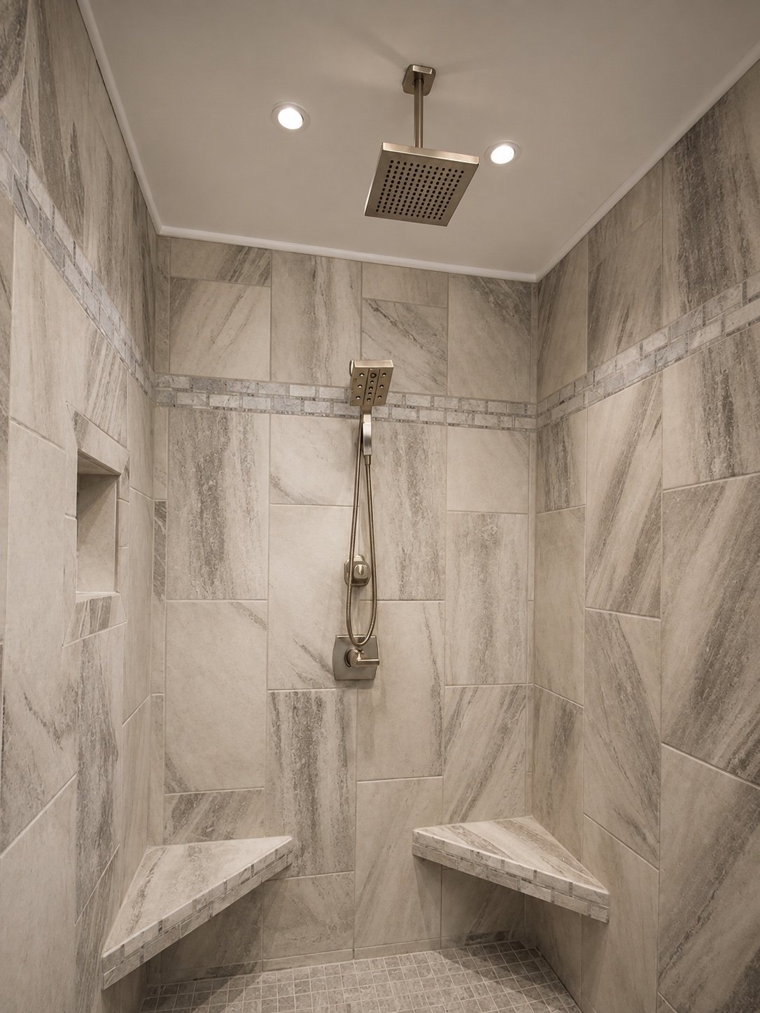 Custom tile shower with rain head and corner benches